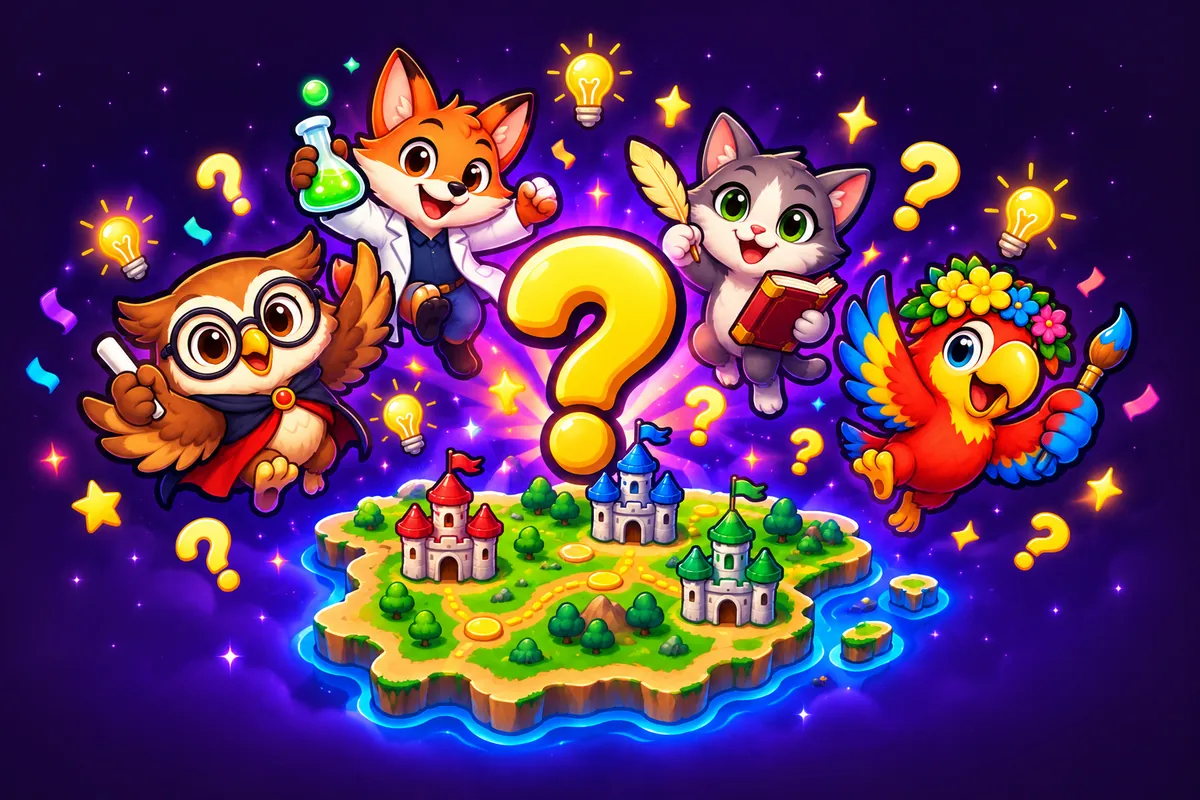 Las mascotas de Yo Soy Listo celebran alrededor de un mapa con castillos